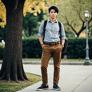 Confident young man in park with backpack