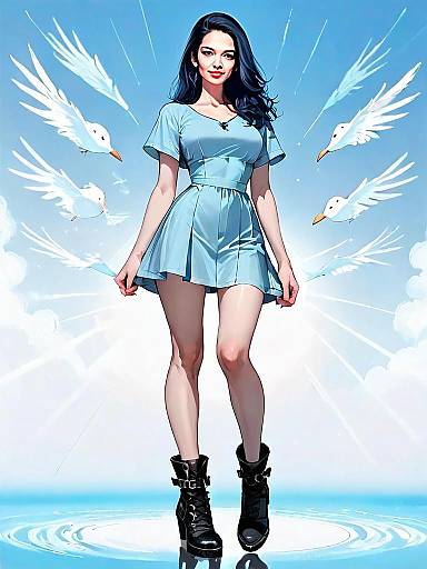 Realistic Comic Style Woman in Chic Blue Dress with Doves Full Body Artwork