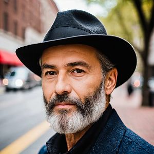 Confident Man in Fedora on City Sidewalk