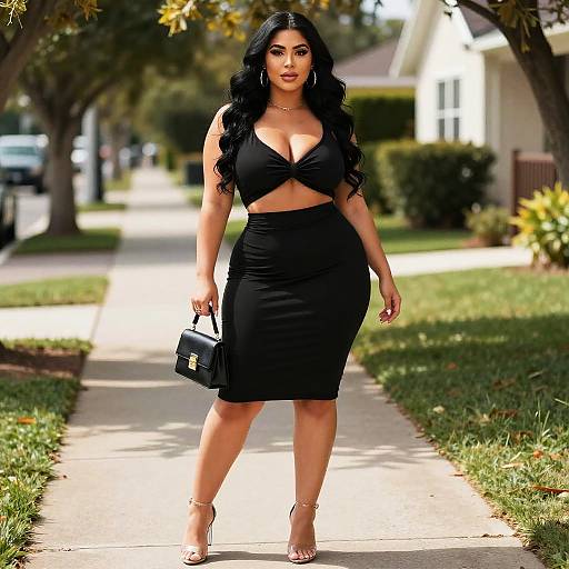 Confident Woman in Stylish Black Cutout Dress Walking Outdoors