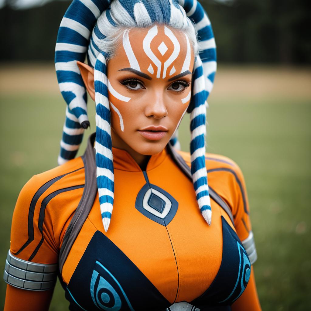 Realistic Ahsoka Tano Cosplay Portrait with Blue and White Lekku