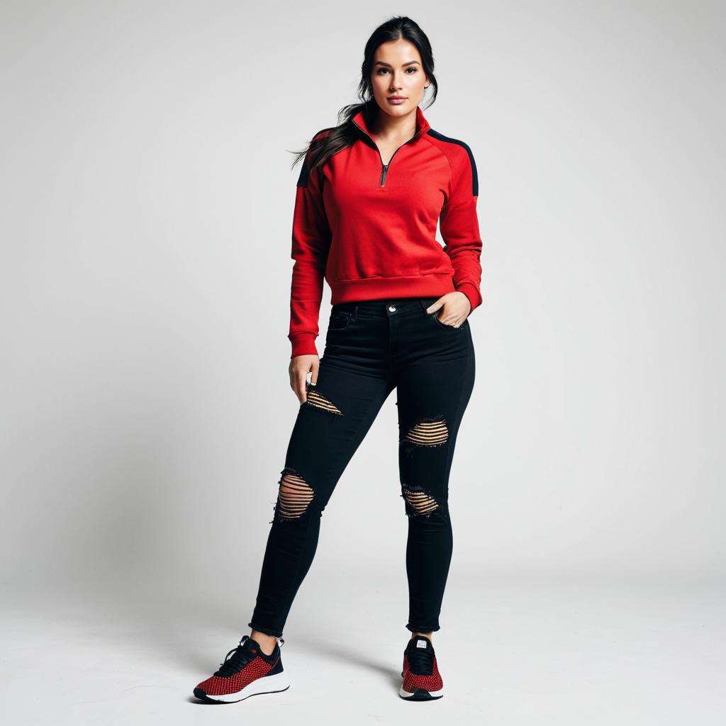 Confident Woman in Red Sweatshirt and Ripped Black Jeans Casual Outfit