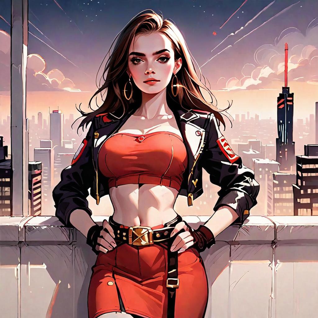 Confident Young Woman on Rooftop in Urban Sunset Digital Illustration