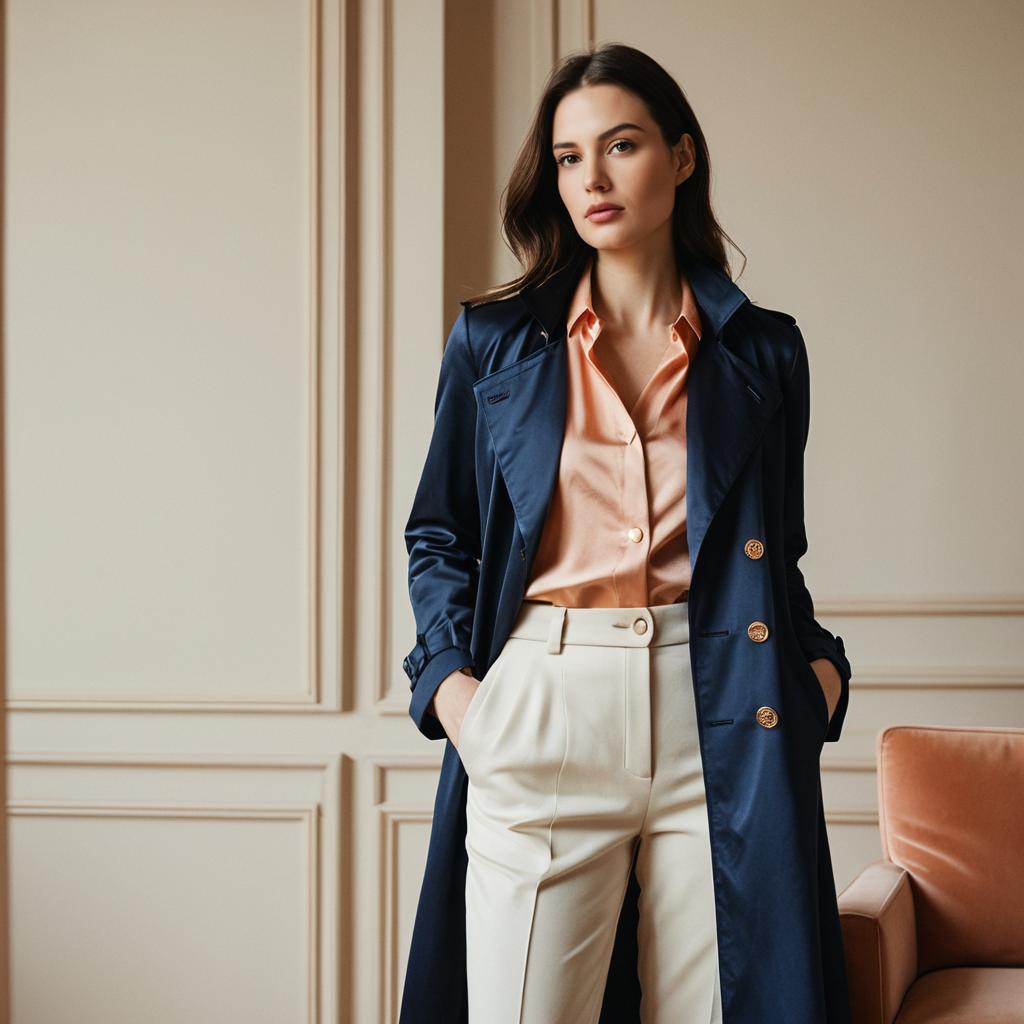 Woman in Navy Trench Coat and Cream Trousers Stylish Fashion Portrait