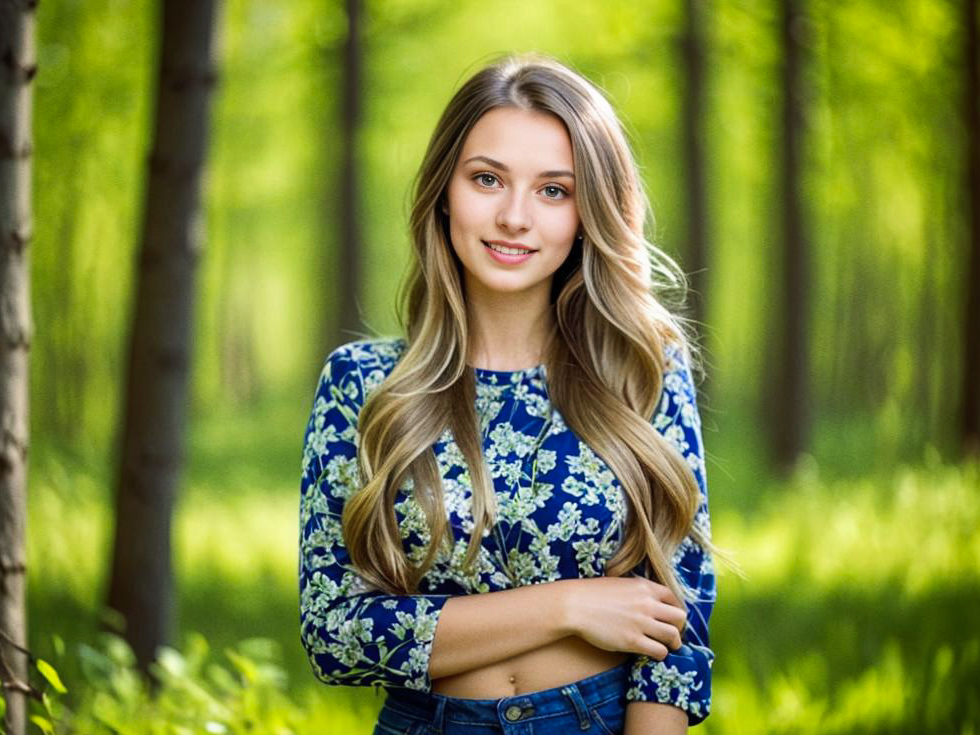 Young Woman in Green Forest with Floral Top