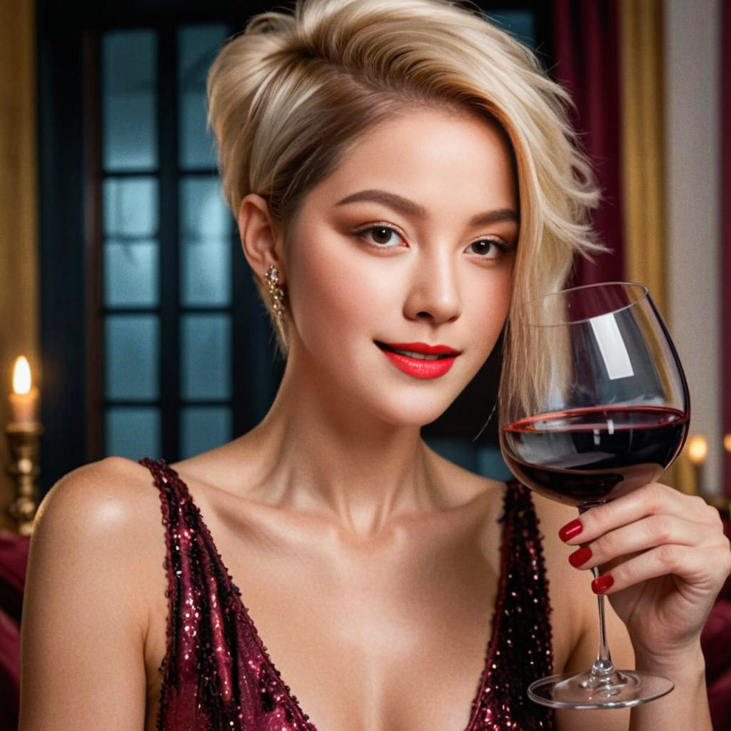 Elegant woman in sequined dress with red wine