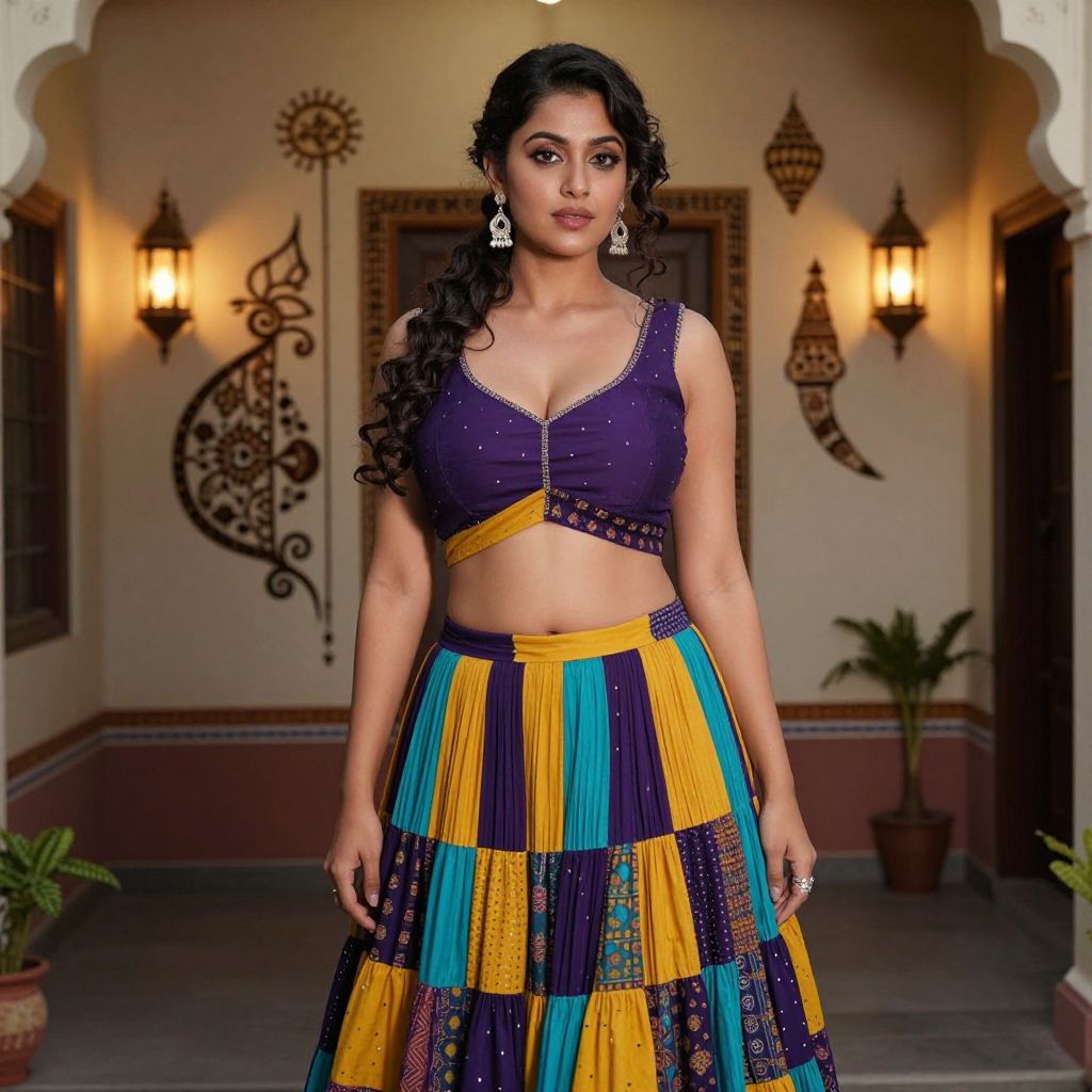 Woman in Colorful Traditional Indian Crop Top and Patchwork Skirt Indoors