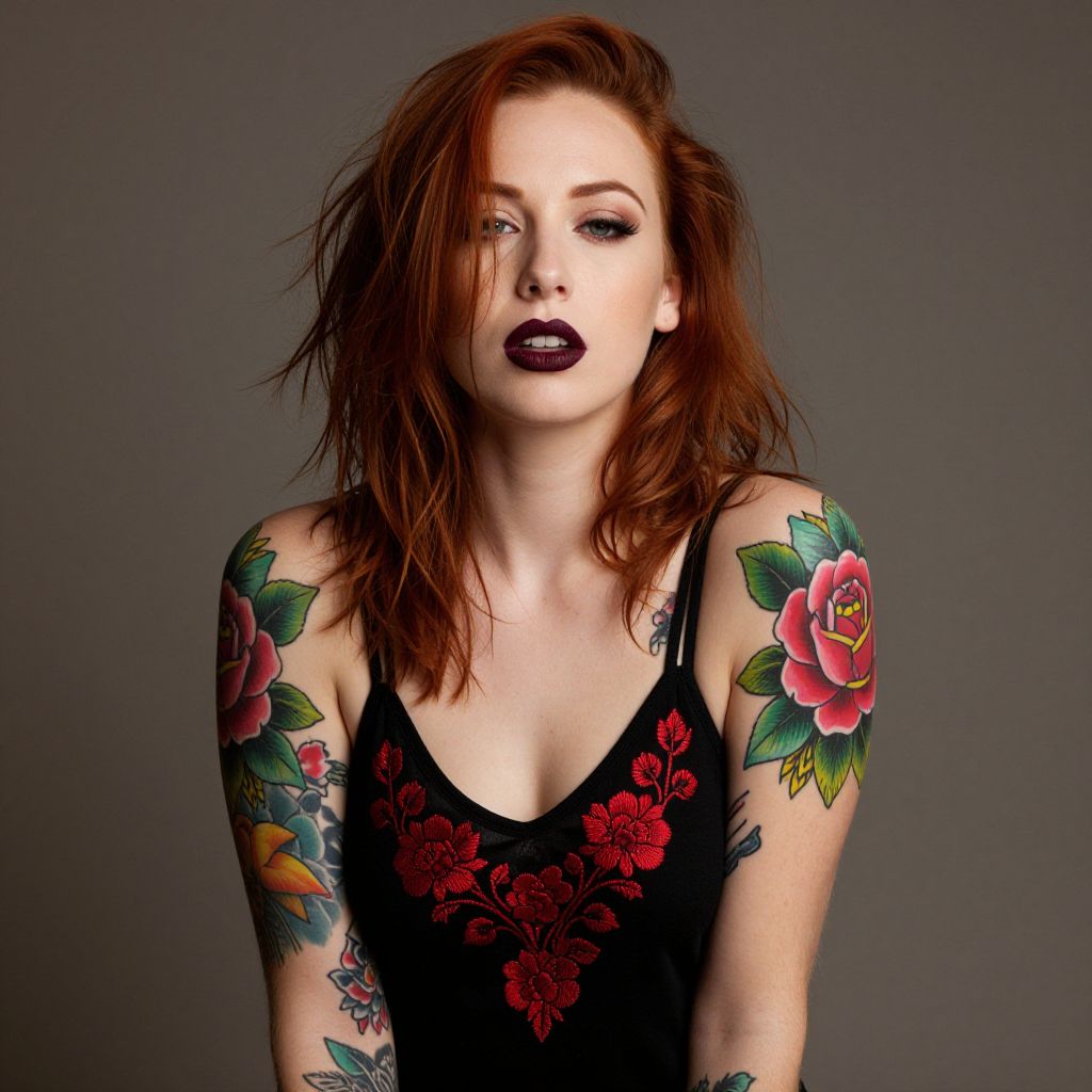 Red-Haired Woman with Floral Tattoos and Dark Makeup in Black Embroidered Top