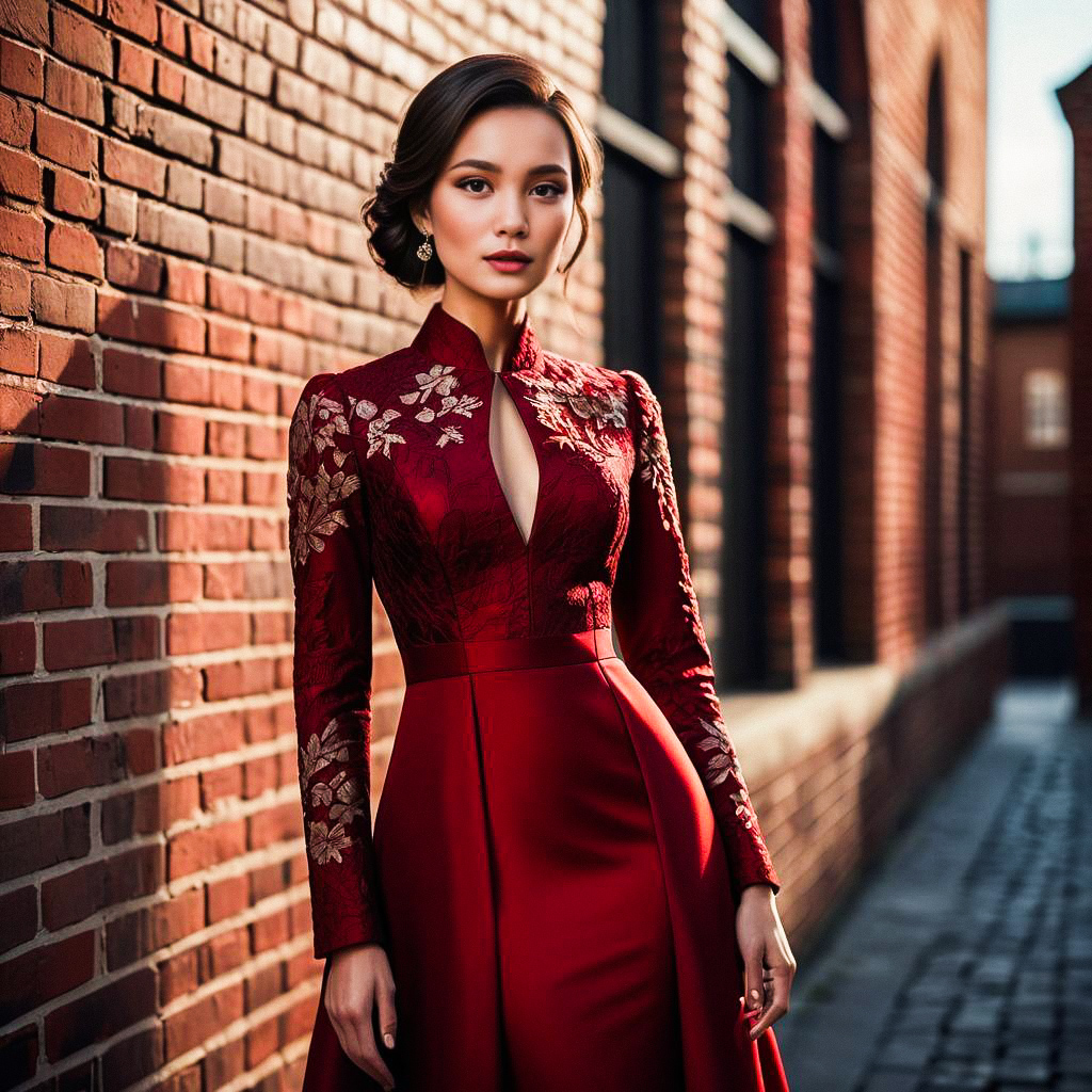 Elegant Woman in Red Dress Against Brick Wall Elegant Woman in Red Dress Against Brick Wall