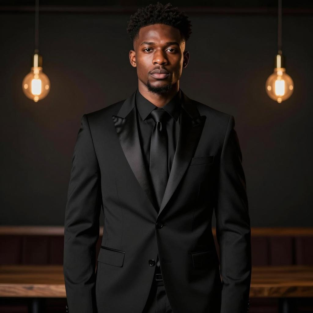 Confident Man in Black Tuxedo with Pendant Lights Background