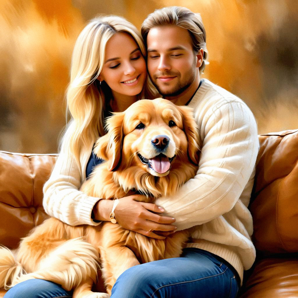 Cheerful Couple with Golden Retriever on Sofa