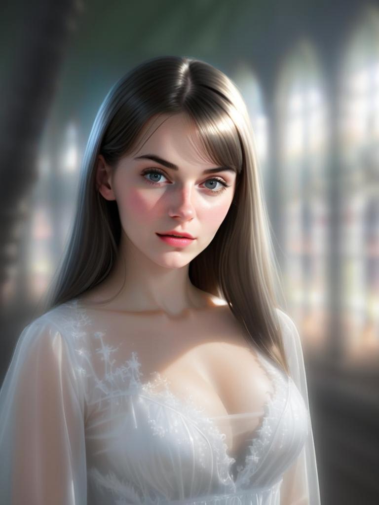 Elegant Young Woman in White Lace Dress Digital Portrait