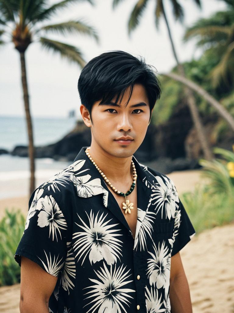 Young Man in Black Hawaiian Shirt on Tropical Beach