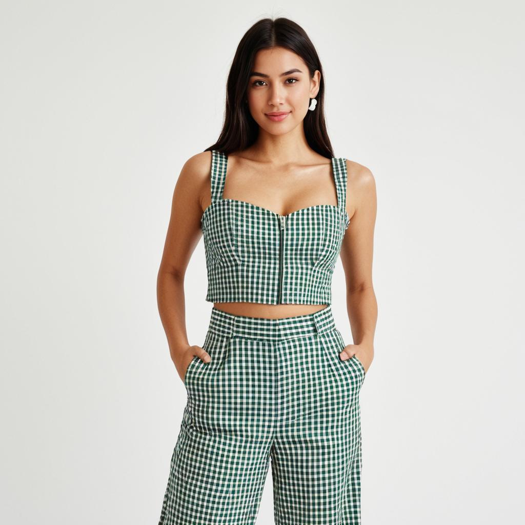 Woman in Casual Chic Green and White Gingham Cropped Tank Top and Pants