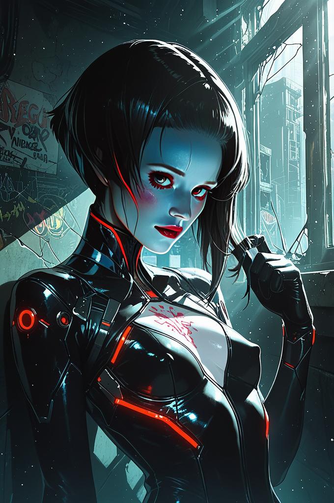 Cyberpunk Woman in Futuristic Black Red Suit Digital Artwork
