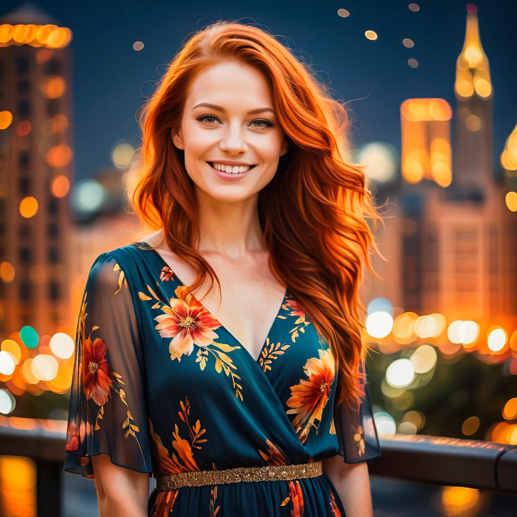 Vibrant Woman with Red Hair in Floral Dress at Dusk Vibrant Woman with Red Hair in Floral Dress at Dusk