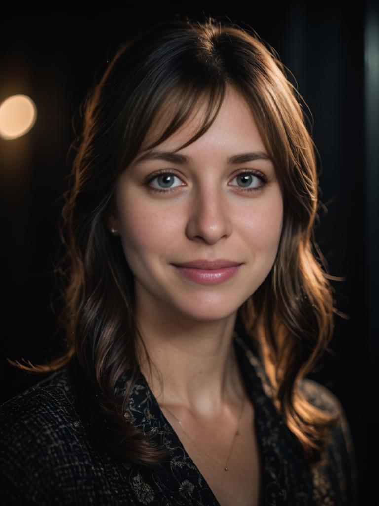 Smiling Woman with Wavy Brown Hair in Warm Light