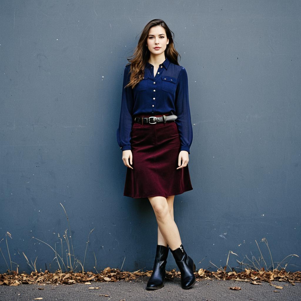 Stylish Young Woman in Navy Blouse and Burgundy Skirt Against Blue Wall