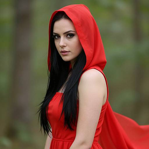 Woman in Red Hooded Dress Portrait Outdoors