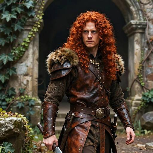 Medieval Red-Haired Warrior in Leather Armor with Fur Detailing