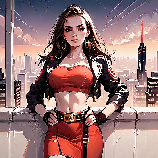 Confident Young Woman on Rooftop in Urban Sunset Digital Illustration