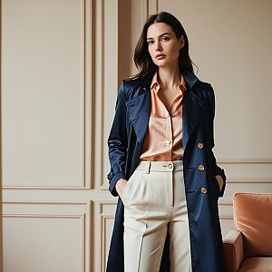 Woman in Navy Trench Coat and Cream Trousers Stylish Fashion Portrait
