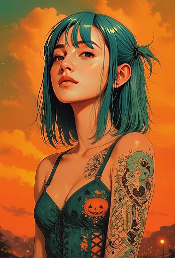 Digital Art of Woman with Teal Hair and Tattoo Against Orange Sunset