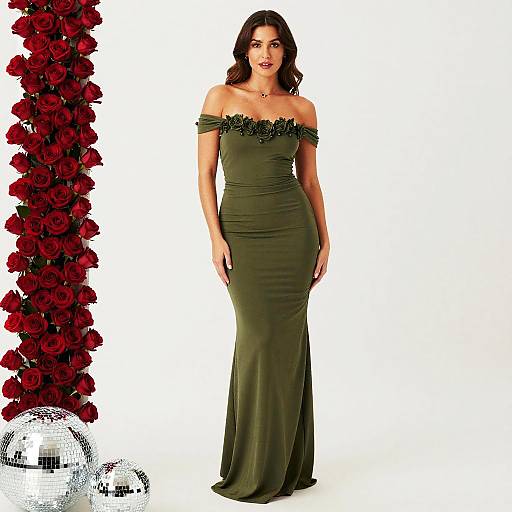 Elegant Olive Green Off-Shoulder Evening Gown with Floral Details