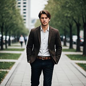 Confident Young Man in Brown Blazer on Urban Sidewalk