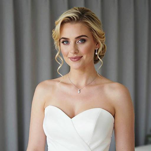 Elegant Blonde Bride in Strapless White Dress with Pearl Jewelry