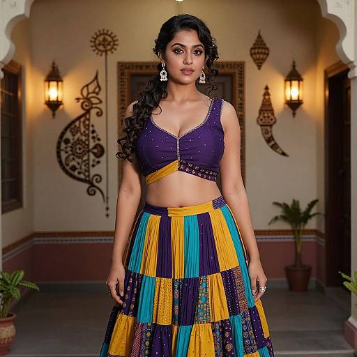 Woman in Colorful Traditional Indian Crop Top and Patchwork Skirt Indoors