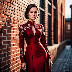 Elegant Woman in Red Dress Against Brick Wall