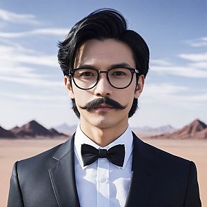 Stylish Man in Tuxedo in Desert Landscape