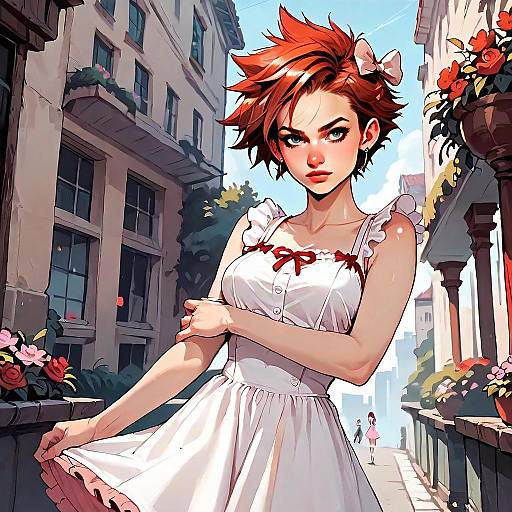 Anime Style Young Woman in White Dress on Urban Flower-Lined Street