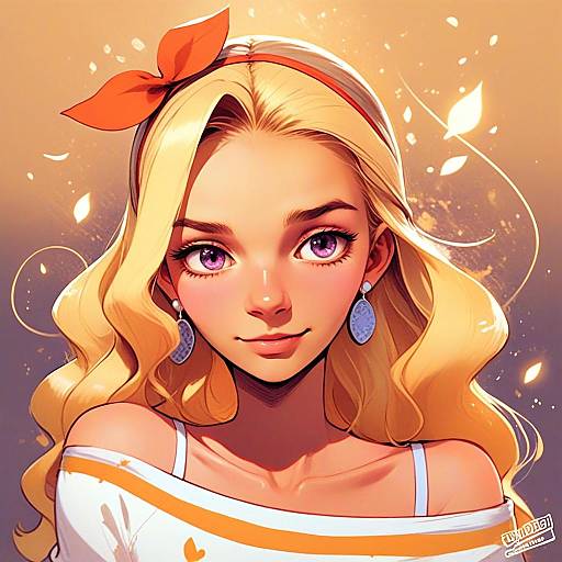 Anime Style Portrait of Blonde Woman with Purple Eyes and Red Bow