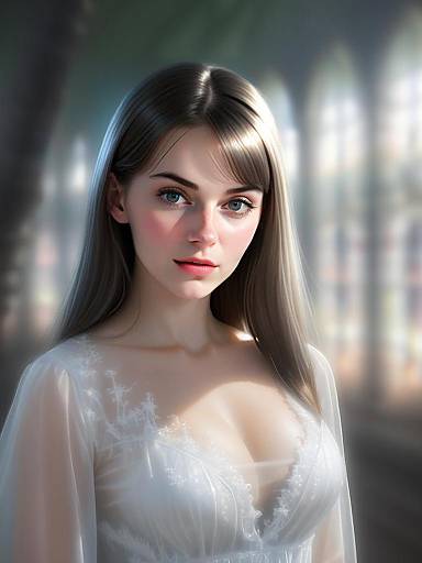 Elegant Young Woman in White Lace Dress Digital Portrait