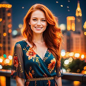 Vibrant Woman with Red Hair in Floral Dress at Dusk