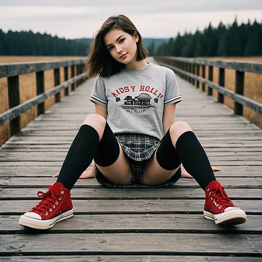 Young Woman Sitting on Wooden Bridge in Casual Outfit with Red Sneakers