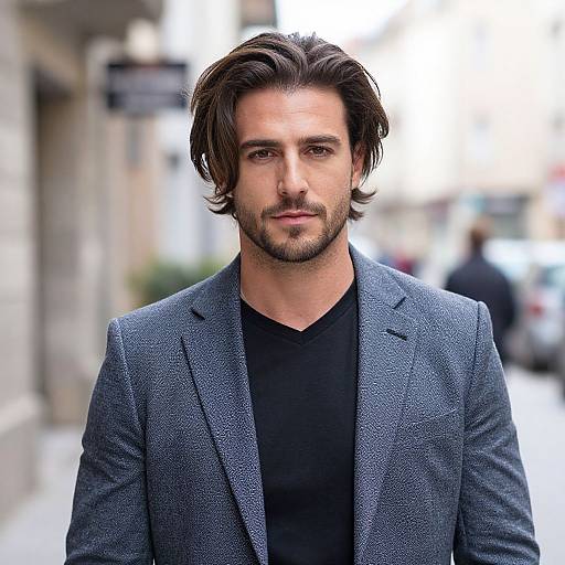Confident Young Man in Grey Blazer on Urban Street