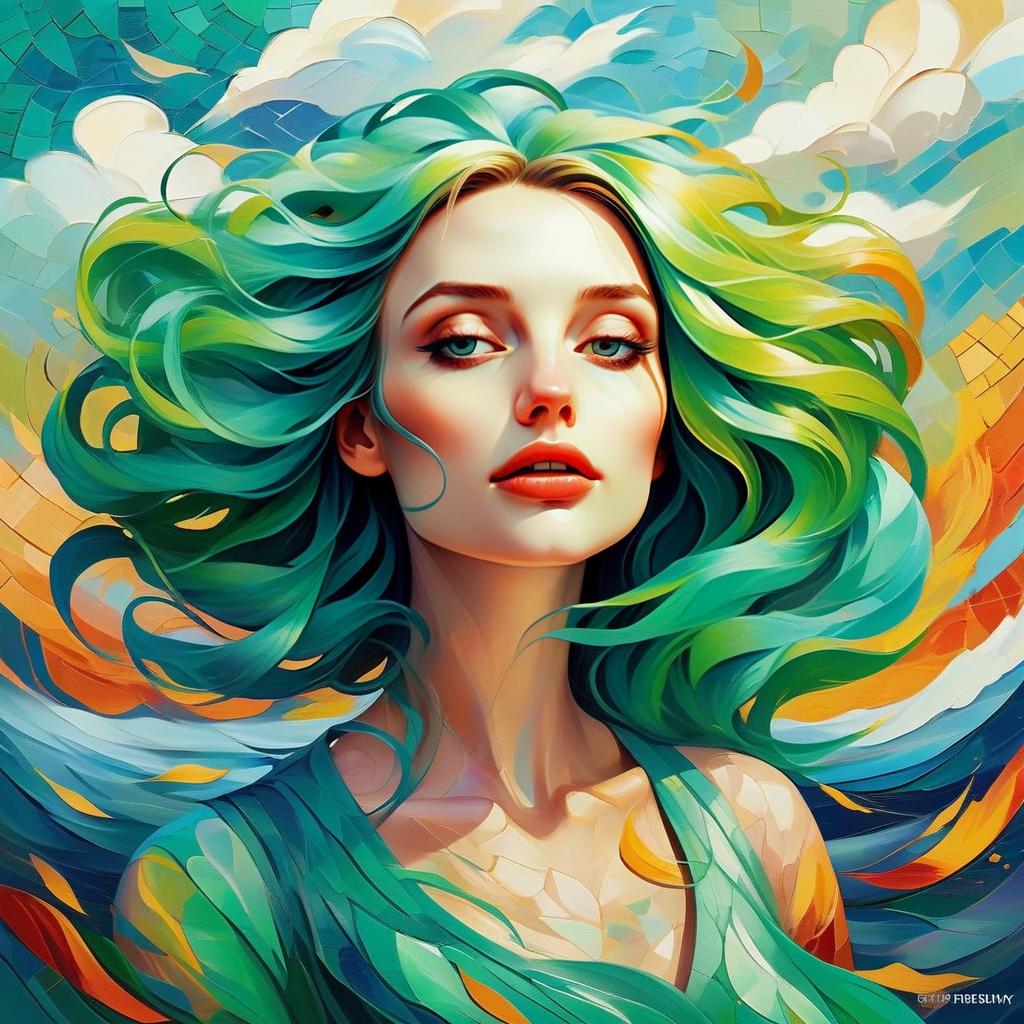 Vibrant Digital Portrait of Woman with Flowing Multi-Colored Hair