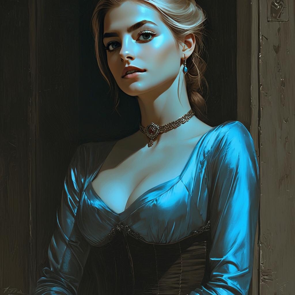 Elegant Woman in Blue Satin Gown Digital Portrait