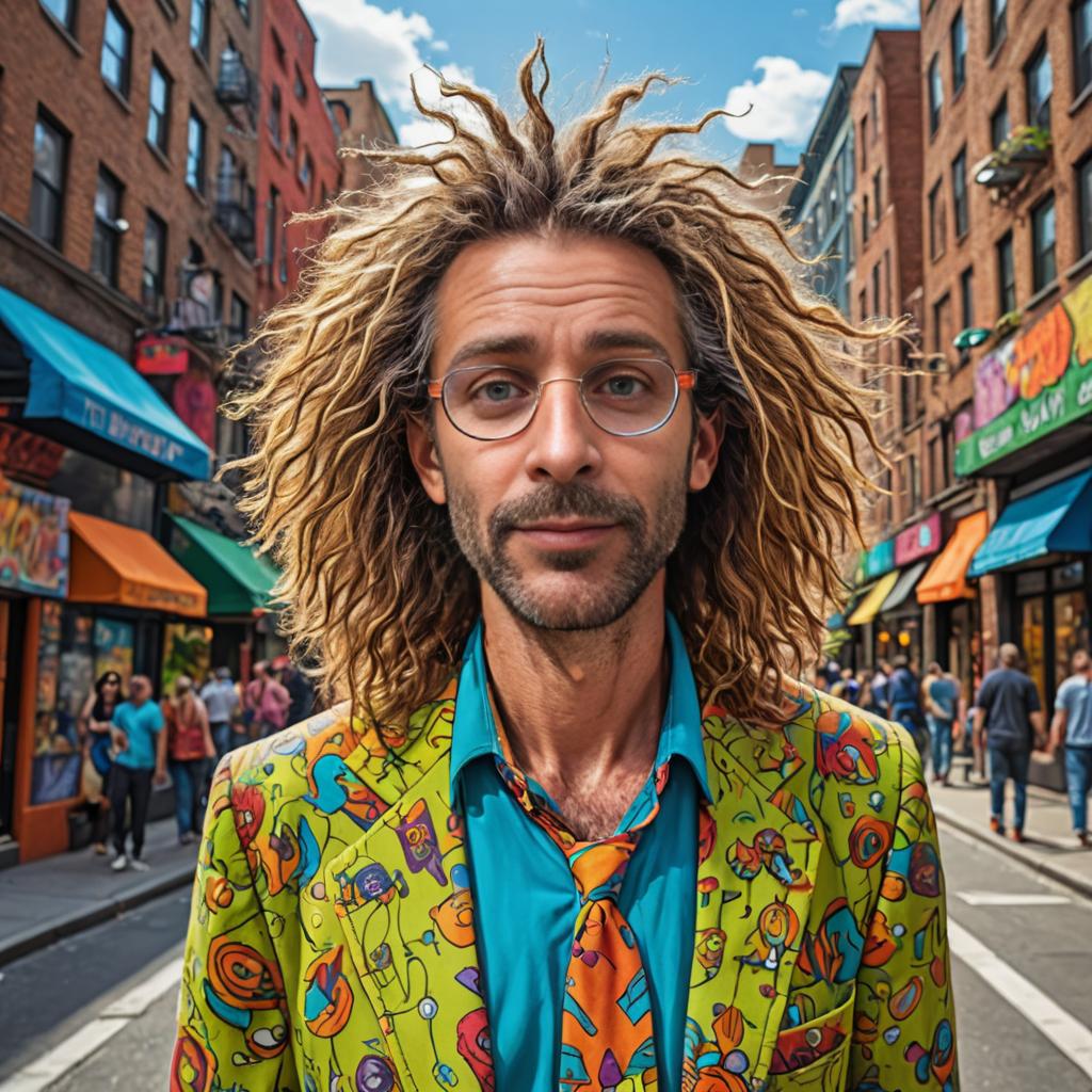 Stylish man with curly hair in colorful blazer on city street