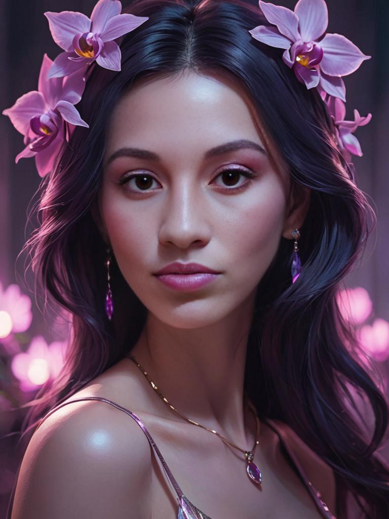 Beautiful Woman with Orchids and Sparkling Earrings