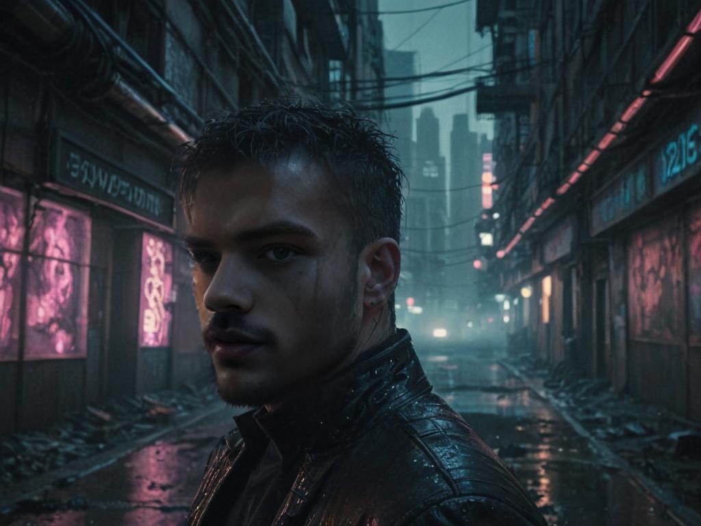 Young man in futuristic dystopian alley