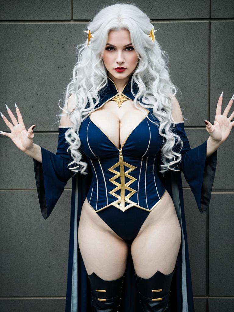 Carmilla Fate Cosplay Woman in Fantasy Blue and Gold Outfit