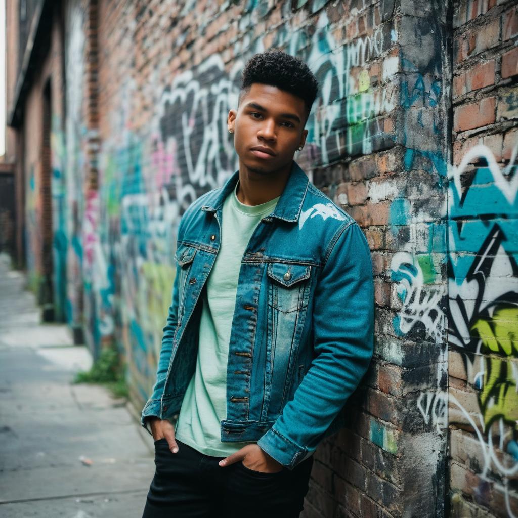 Young man in denim jacket against graffiti wall