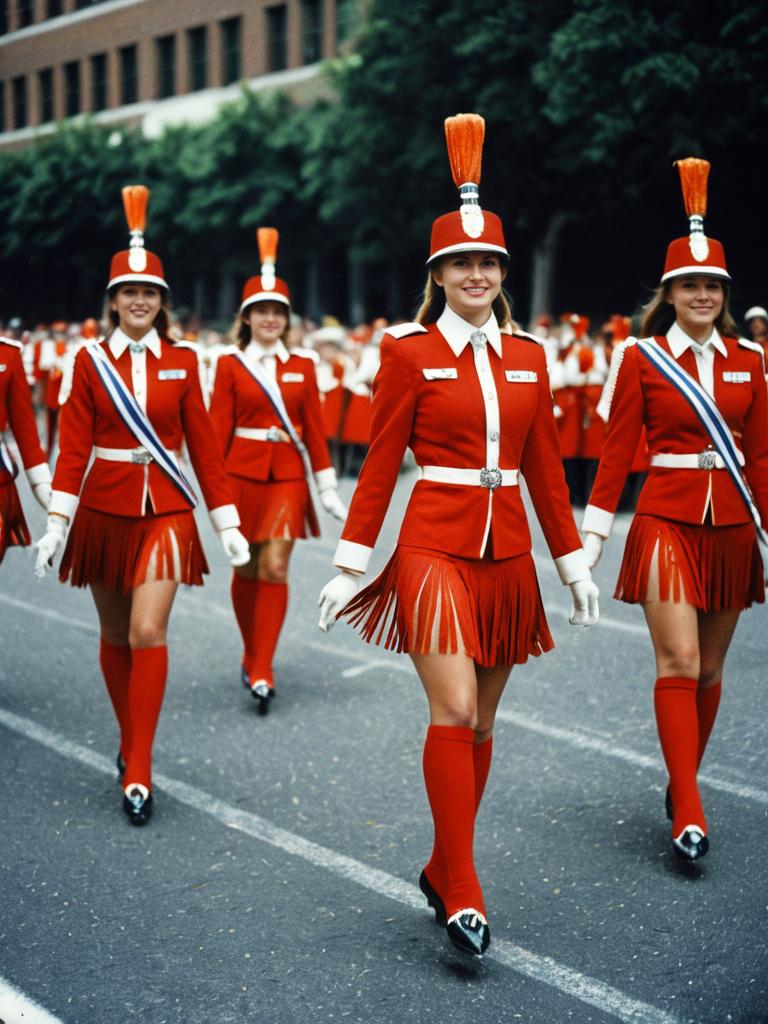 Women in Red Majorette Uniforms with Fringe Skirts Marching in Parade