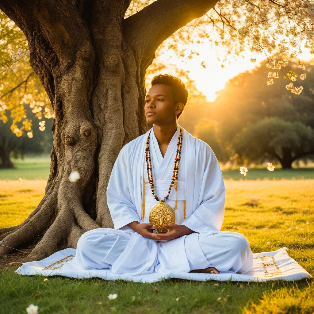 Man Meditating Under Tree at Golden Hour