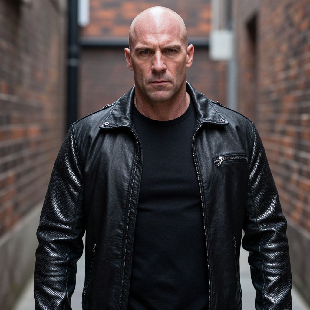 Bald Man in Black Leather Jacket Standing in Urban Alley
