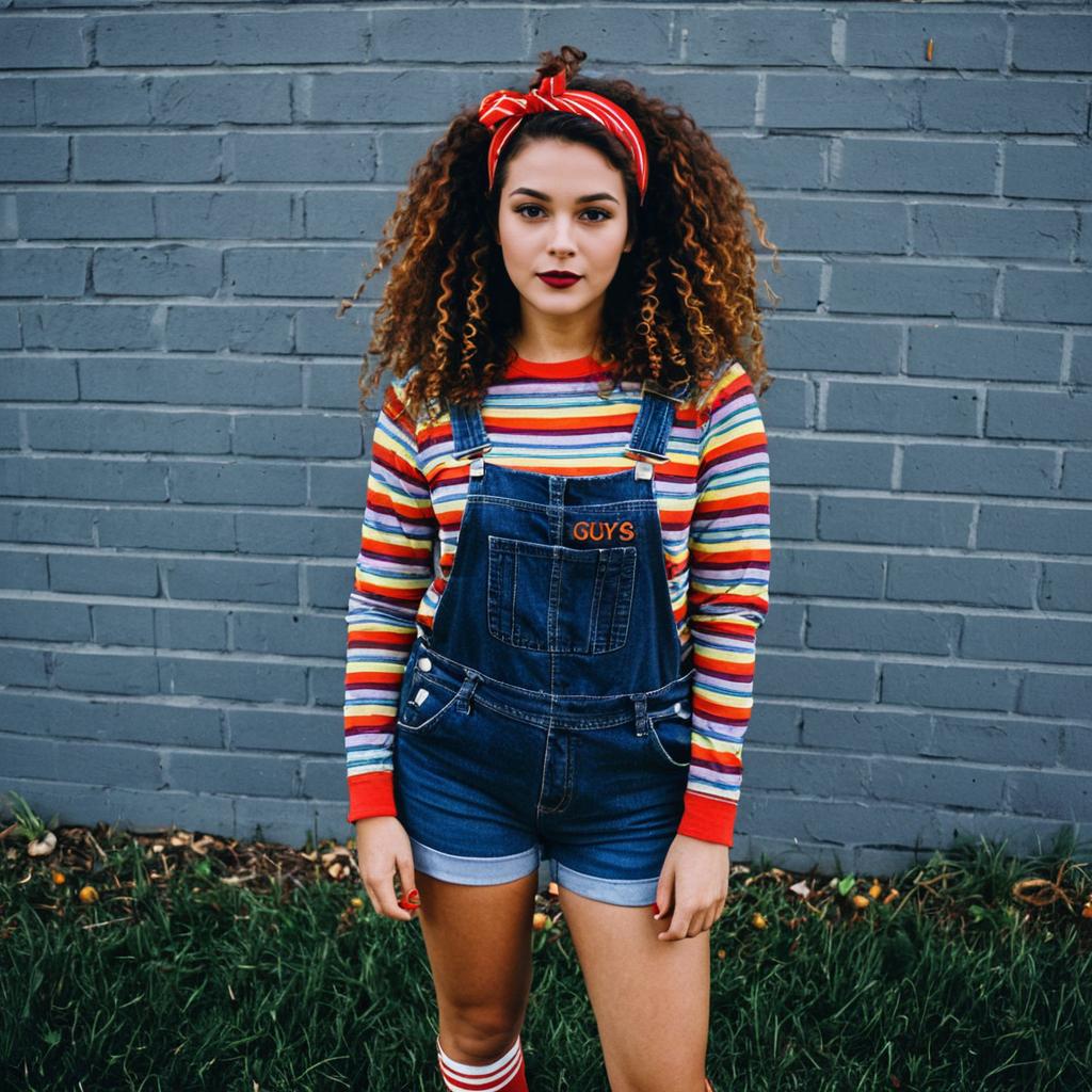 Young Woman Wearing Colorful Striped Shirt and Denim Overalls Outdoors